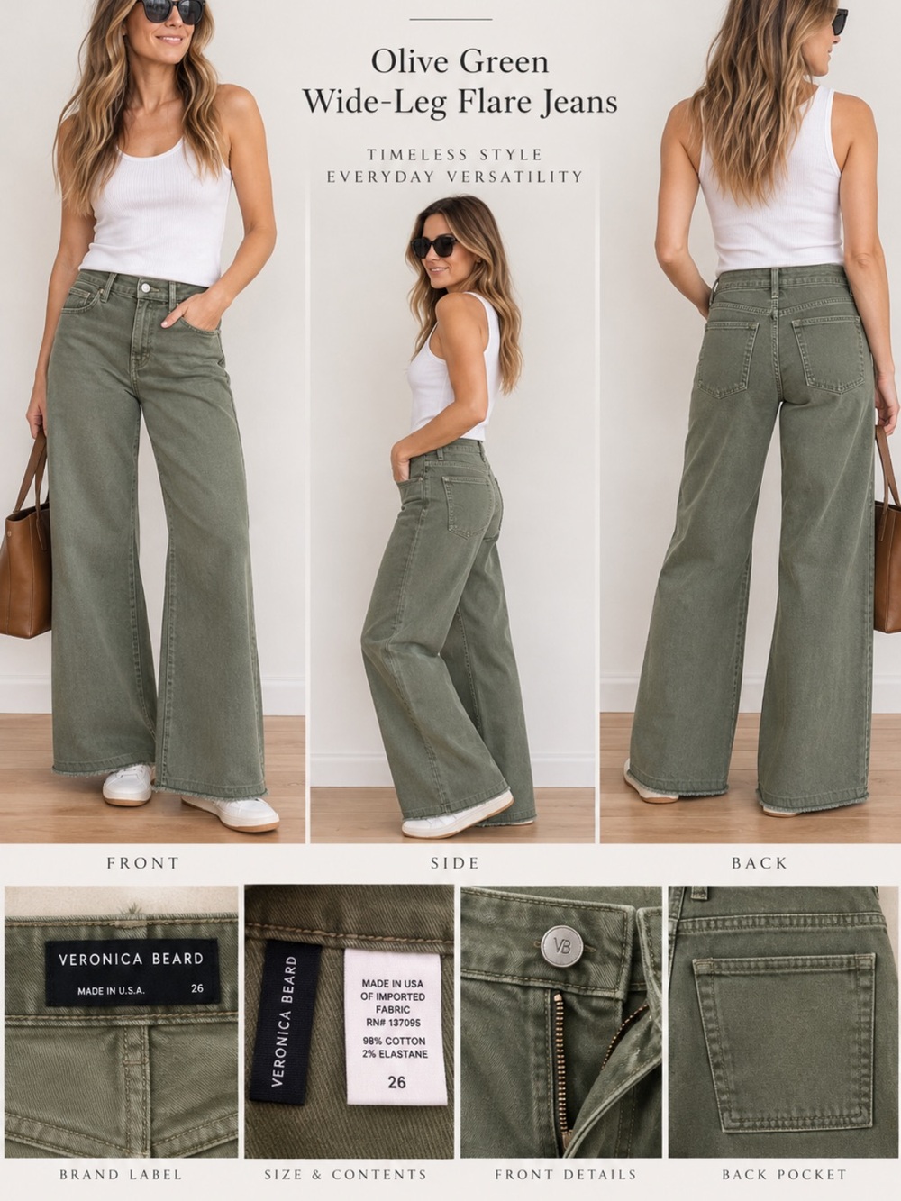 Veronica Beard Olive Wide-Leg Flare Jeans